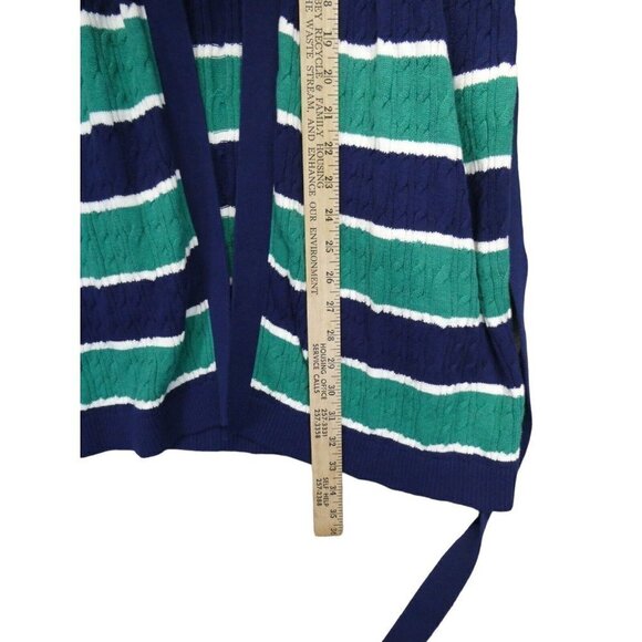 Lands End Cable Knit‎ Tie Front Cardigan Size M Tall 10-12 Stripe Green Red Blue - Picture 11 of 12